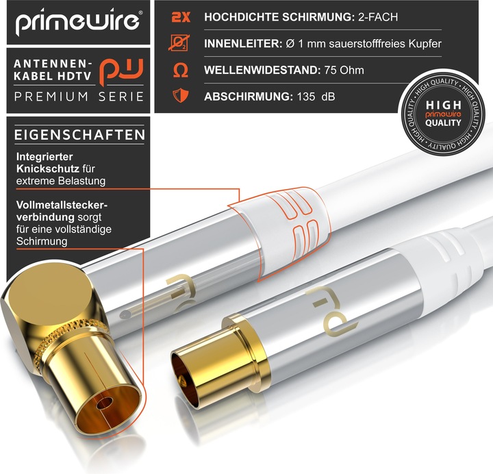 Produktbild Primewire Antennenkabel gewinkelt, Koaxialkabel 75 Ohm HDTV, Radio, DVB-T DVB-T2 DVB-S2 TV Antennen Kabel (135 dB, Antennenkabel)