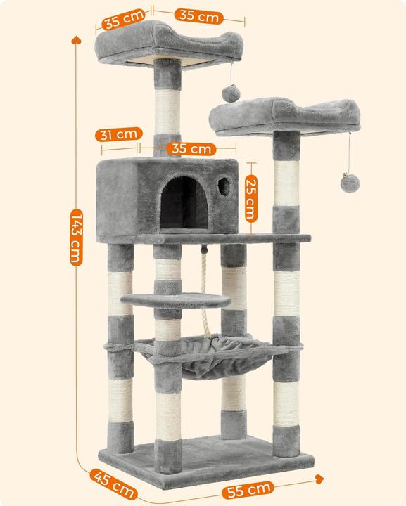 Actual product image Feandrea Cat tree with hammock (143 cm, Beige, Grey, Light grey)