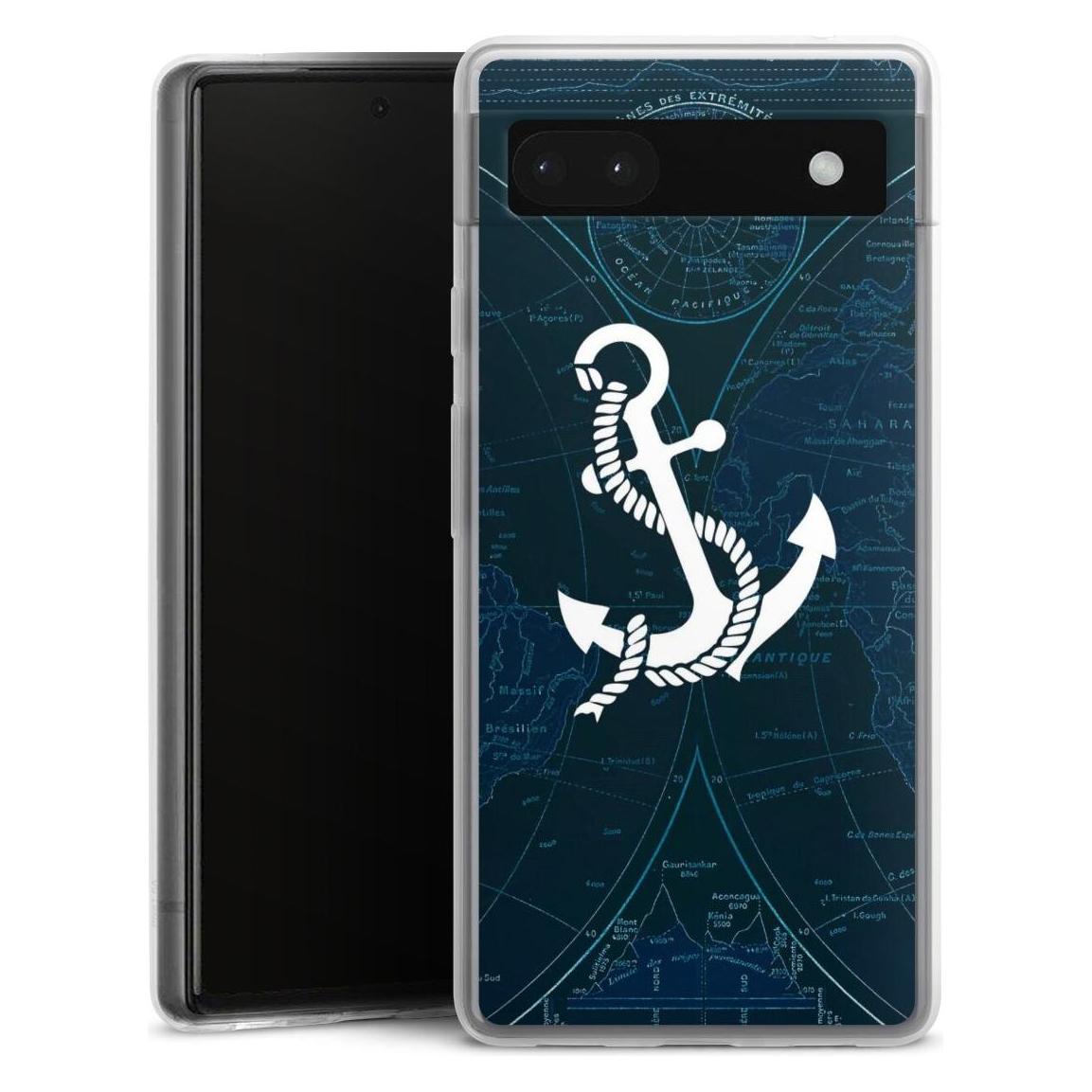 DeinDesign Slim Case Für Google Pixel 6a Silikon Hülle Ultra Dünn Handyhülle Anker Landkarte Segeln (Google Pixel 6a), Smartphone Hülle,