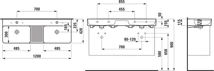 Actual product image Laufen VAL double washbasin, without tap hole, without overflow, 1200x420mm, semi-dry area centered (420 mm, 1200 mm)