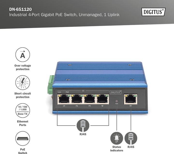 Productafbeelding Digitus Industriële 4-poorts Gigabit PoE schakelaar + 1 Uplink-poort (5 ports)