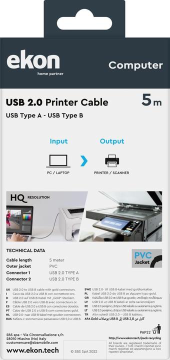 Image du produit Ekon CAVO USB A TO USB B 2.0 5MT () (5 m, USB 2.0)