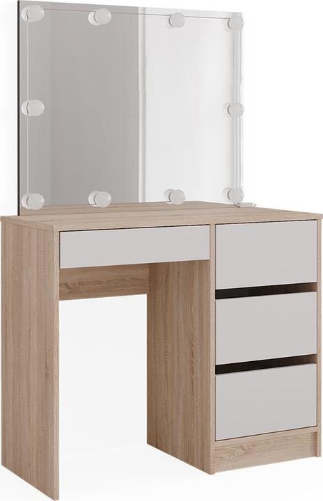 Einlegeboden: weiss, Front: Weiss, Korpus: Weiss, LED-Lichterkette: Weiss, Sonoma, Spiegel: Weiss, Tischplatte: Sonoma