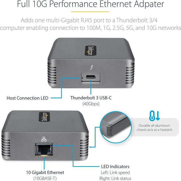 Immagine prodotto StarTech COM Adattatore da Thunderbolt 3 a Ethernet 10GbE Multi-Gigabit Thunderbolt 3 a rete RJ45 Ada (Thunderbolt 3, RJ45 10 Gigabit Ethernet (1x))