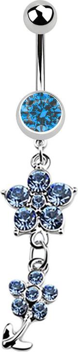 Image du produit Star Piercing Banane argentée avec pendentif deux fleurs de cristal bleu clair (sans laiton, Acier chirurgical 316L)