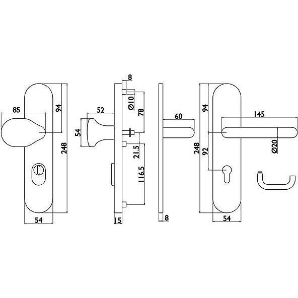 Thumbnail - Universal Textiles, Türgriff + Fenstergriff, Edelstahl Schutzbeschlag 92mm, ES1, ZA, WG U-Form (Türgarnitur)