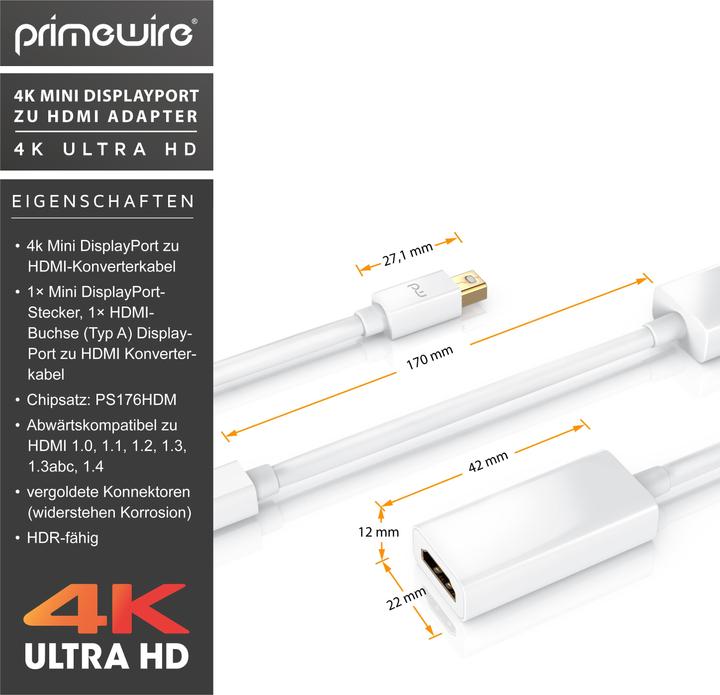 Actual product image Primewire Mini DisplayPort to HDMI Adapter, Ultra HD 4k MiniDP to HDMI Jack Monitor Converter, Adapter Cable (0.17 m, DisplayPort, HDMI)