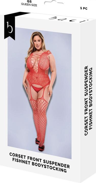 Produktbild Baci XGEN Corset Front Suspender Fishnet Bodystocking - Red - Q (UK Size 14-20) - Passionate and Provocat