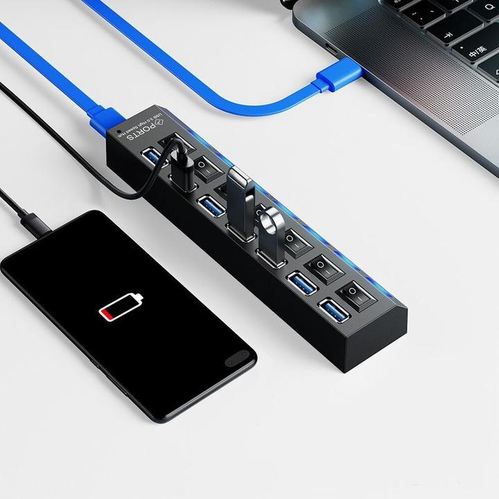 Produktbild Hermex USB-Hub USB-A 3.0 7-Port Adapter mit Ein- u. Ausschalter und Licht (USB-A, 7 Ports)