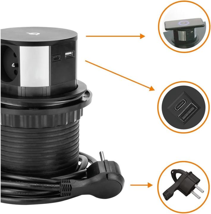 Actual product image Orno Furniture socket? 10cm extendable from the top with inductive charger, USB charger and 1.5m cable (3x, Type 23, 1.50 m)