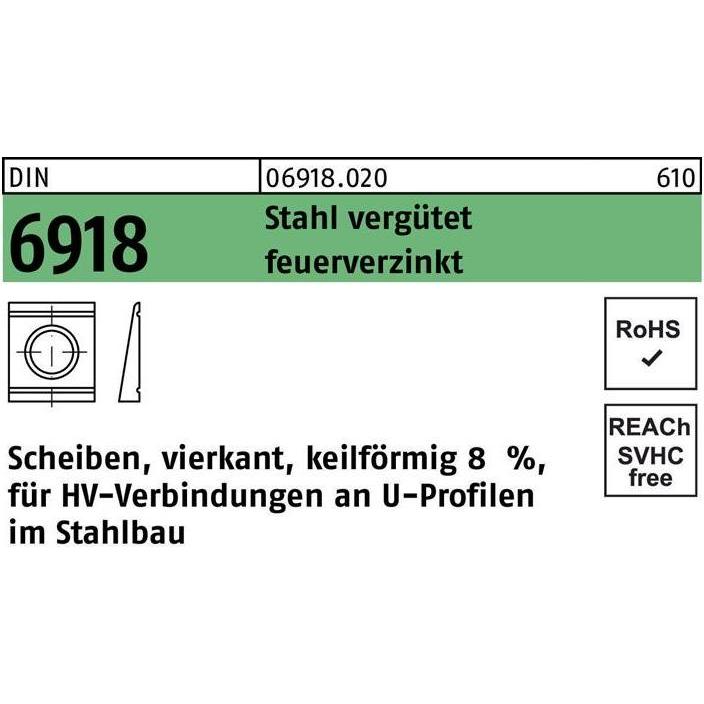 Peiner, Muttern + Unterlegscheiben, Unterlegscheibe DIN 6918 ÜH vierkant keilförmig 23 Stahl C45 feuerverzinkt