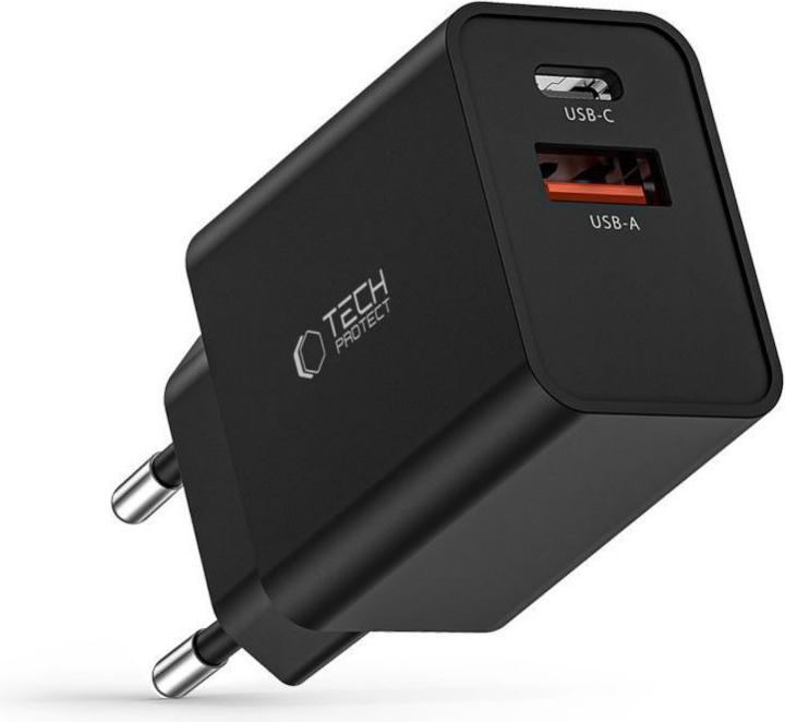 Produktbild Tech-Protect NC30W USB-C PD 30W / USB-A QC 3.0 network charger - black (30 W, 2 Ports)