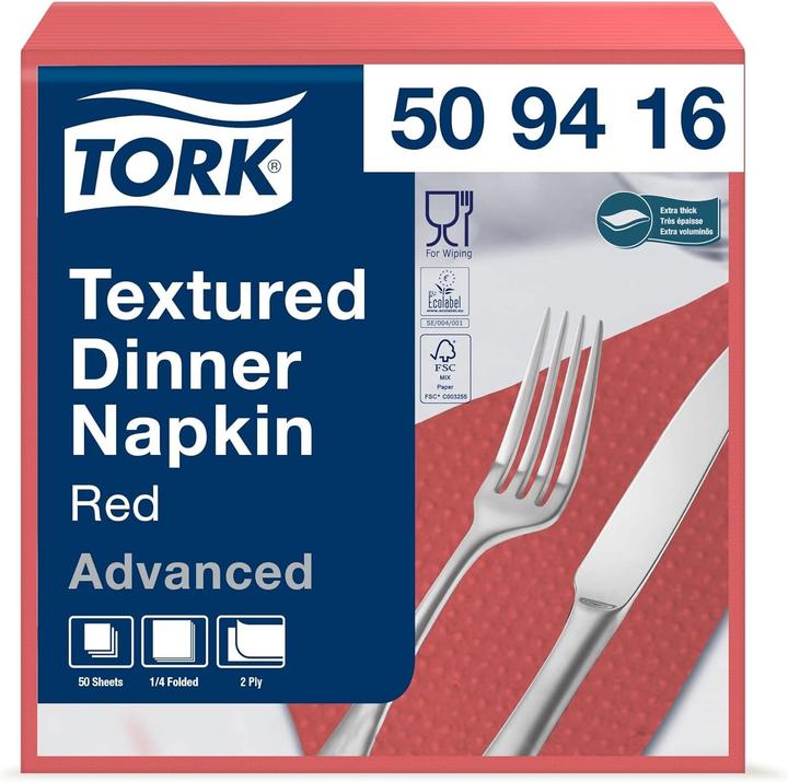 Produktbild Tork Textured Dinner Napkin Red 14ply 2ply 38 x 39 cm 18 x 50 napkins 509416 (50 Stk., 38 x 39 cm)