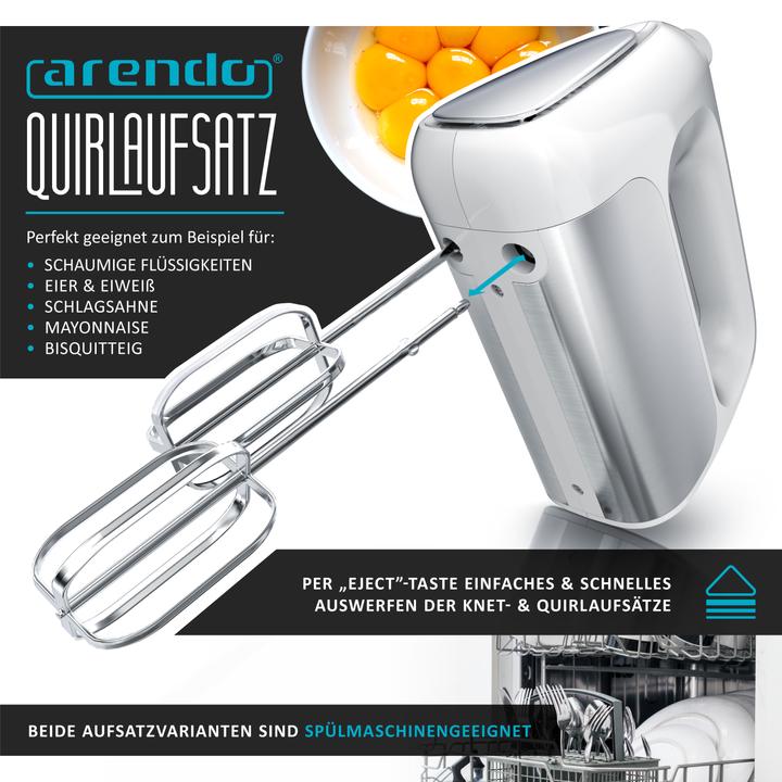 Produktbild Arendo Handmixer, Elektrischer Handrührer inkl. 2 Quirle & 2 Knethaken aus Edelstahl, Handrührgerät 500 W (500 W)