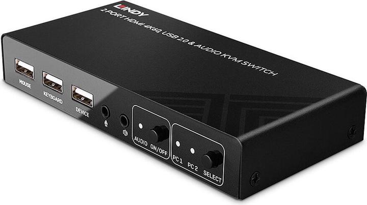 Lindy 2 Port KVM Switch HDMI 4K60, USB 2.0 & Audio Schaltet zwischen 2 HDMI PCs von einer einzigen Konsole