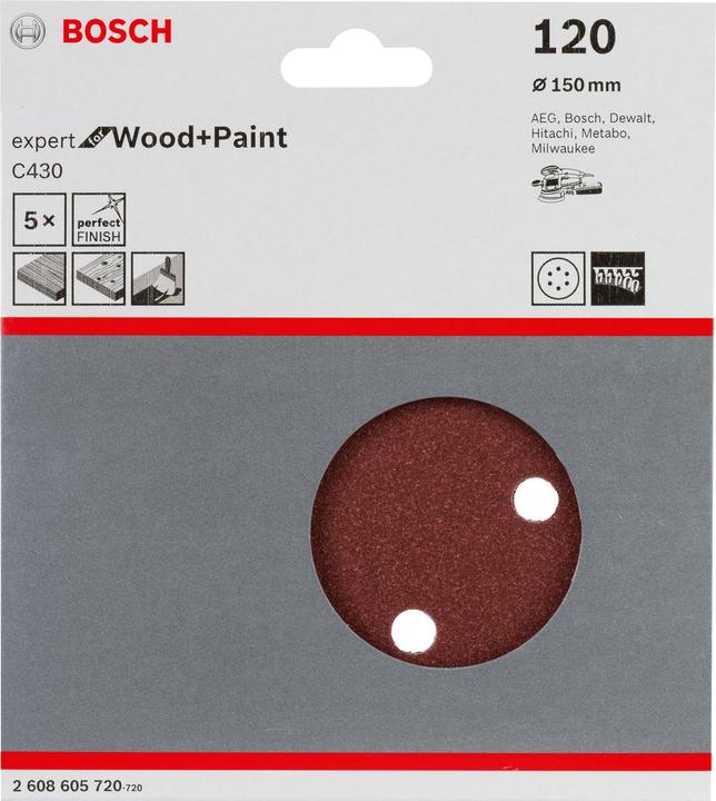 Produktbild Bosch Professional Zubehör Schleifblatt C430, 150 mm, 120, 6 Löcher, Klett, 5er-Pack (120)