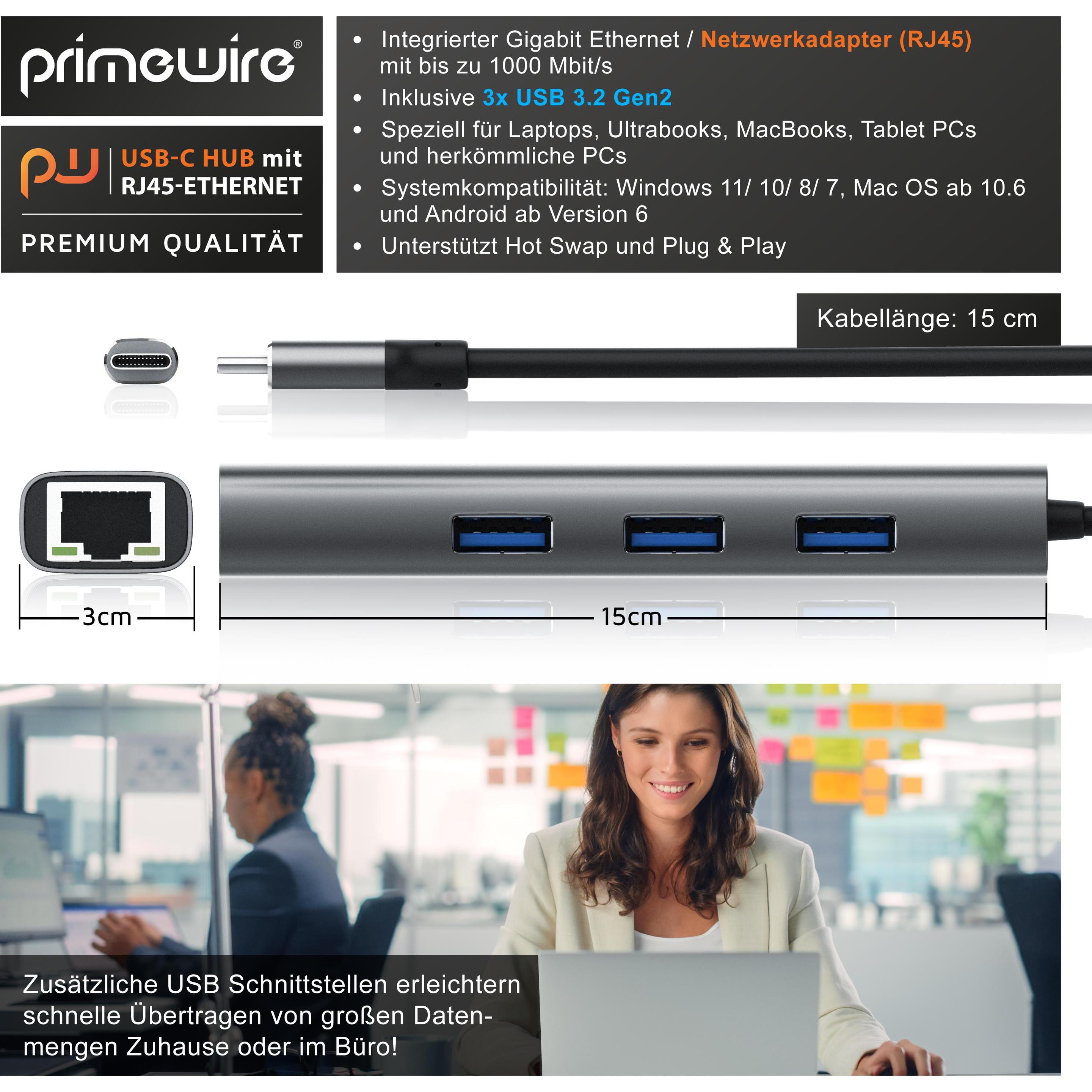Thumbnail - Primewire USB-C Hub (USB-C, 4 Ports), Dockingstation + USB Hub, Grau