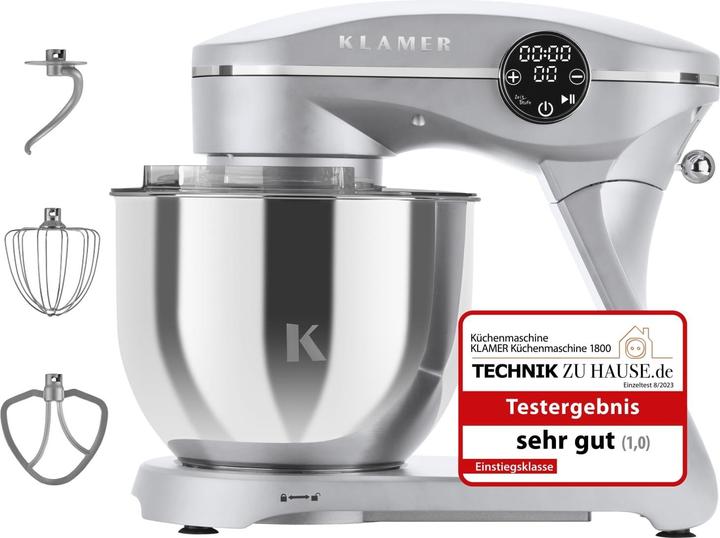 Actual product image KLAMER Küchenmaschine, Knetmaschine mit 6 Liter Edelstahl Schüssel (1800 W)