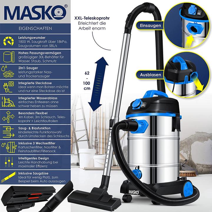 Actual product image Masko Industrial Vacuum Cleaner 1800Watt in Blue (Wet dry vacuum cleaner)