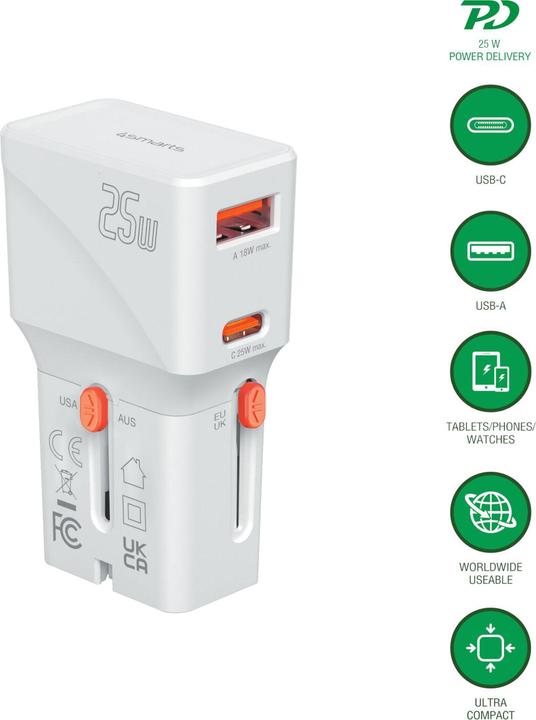 Actual product image 4smarts Travel charger World Travel Adapter Nomad Pocket 25W USB-C/USB-A white