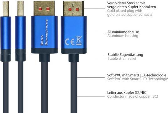 Immagine prodotto Good Connections Cavo DisplayPort 1.4 SmartFLEX, 8K UHD-2 / 4K UHD, custodia in alluminio, CU, blu scuro, 5m, Good (5 m)