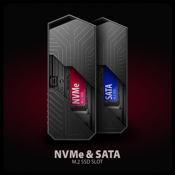 Actual product image Axagon EEM2-GAM, USB-C 10Gbps - NVMe & SATA SSD GAME M.2 box, bezšroubkový (M.2 2280)