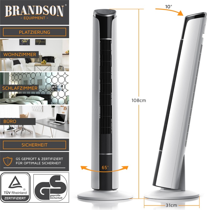 Produktbild Brandson Turmventilator, Fernbedienung, 10° neigbar, Oszillation, 4 Modi, Standventilator 108cm, weiss (52 dB)