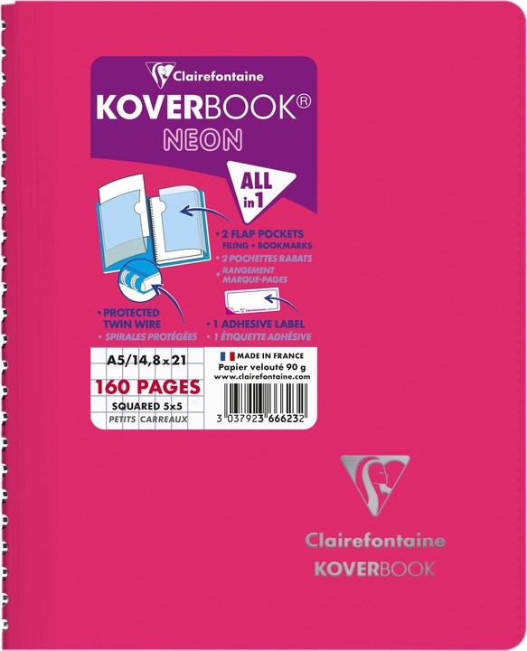 Image du produit Clairefontaine Carnet reliure intégrale enveloppante Koverbook Neon A5 160 pages petits carreaux couverture polypro (A5, Quadrillé, Non contraignant)