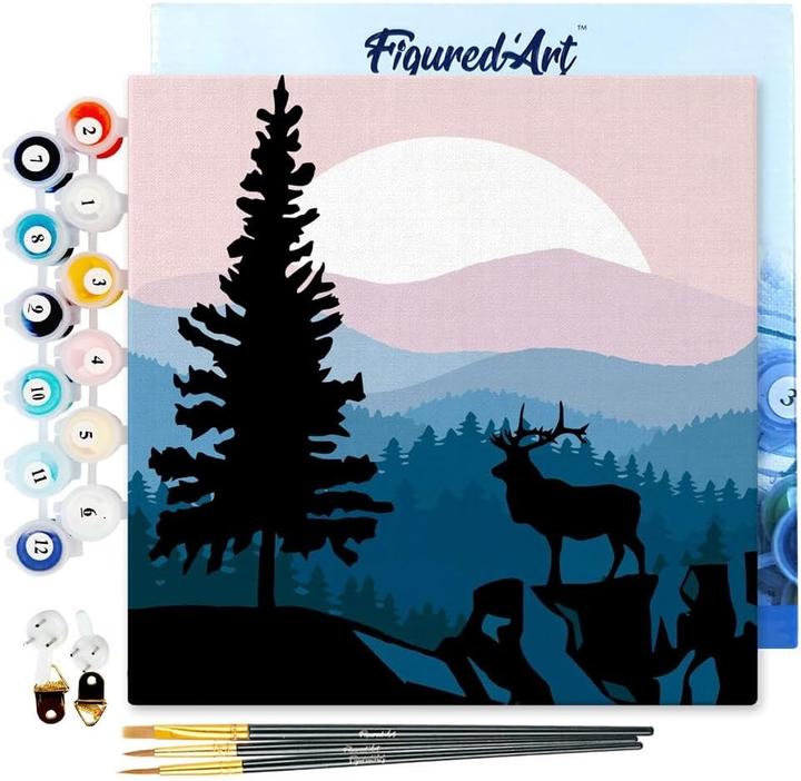Figured'Art Mini Malen nach Zahlen mit Rahmen - Majestätischer Hirsch und Landschaft