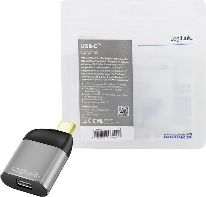 Produktbild LogiLink USB 3.2 Gen2 Type-C-Adapter, USB-C/M zu mDP/F, 8K, Alu, schwarz/grau (Mini DP)