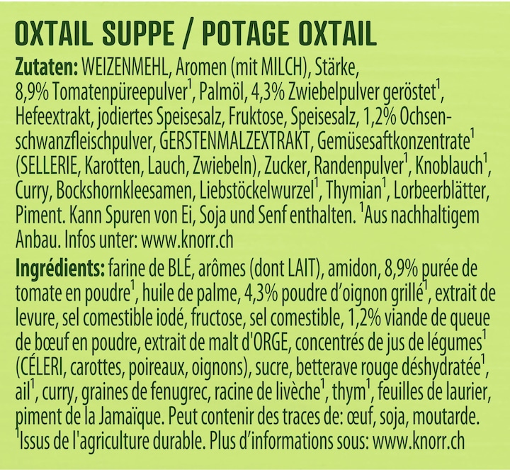Nährwerte und Zutaten Knorr Oxtail Suppe Beutel, Ochsenschwanz Fertigsuppen Klassiker