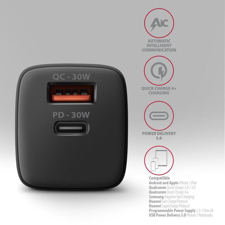Produktbild Axagon ACU-PQ30 Ladegerät QC3.0, 4.0/AFC/FCP/PPS/Apple + PD USB-C, 30W - schwarz (30 W, 2 Ports)