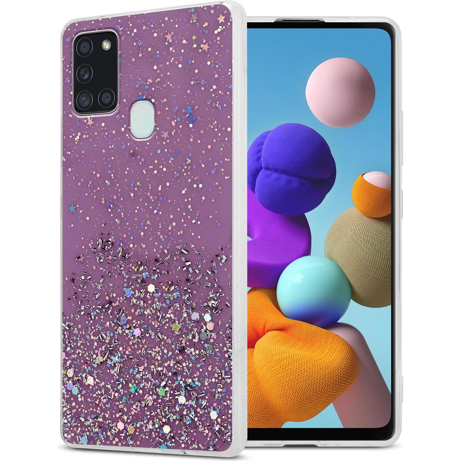 Cadorabo TPU Cover funkelnder Glitter (Samsung Galaxy A21s), Smartphone Hülle, Violett