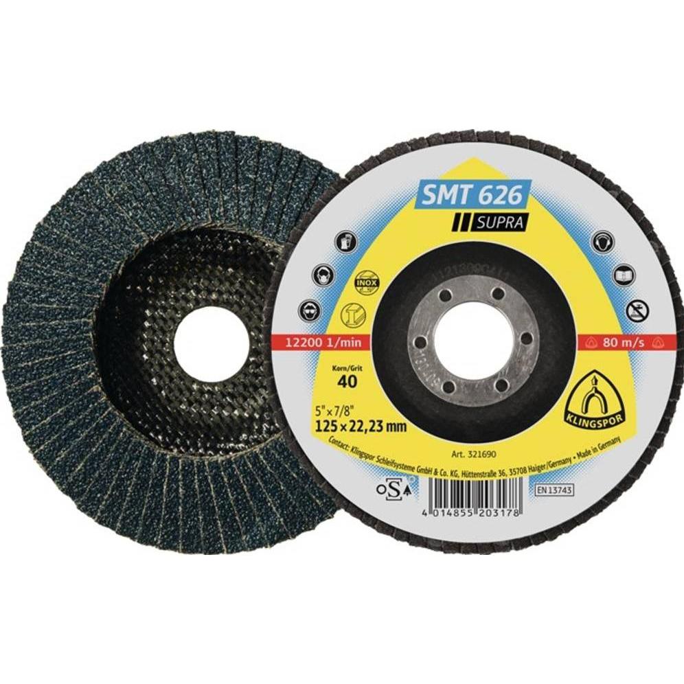 Klingspor, Abrasivi, Rondella dentata SMT 626 Supra Ø 125 mm grana 60 6° conica INOX corindone zirconico (K60)