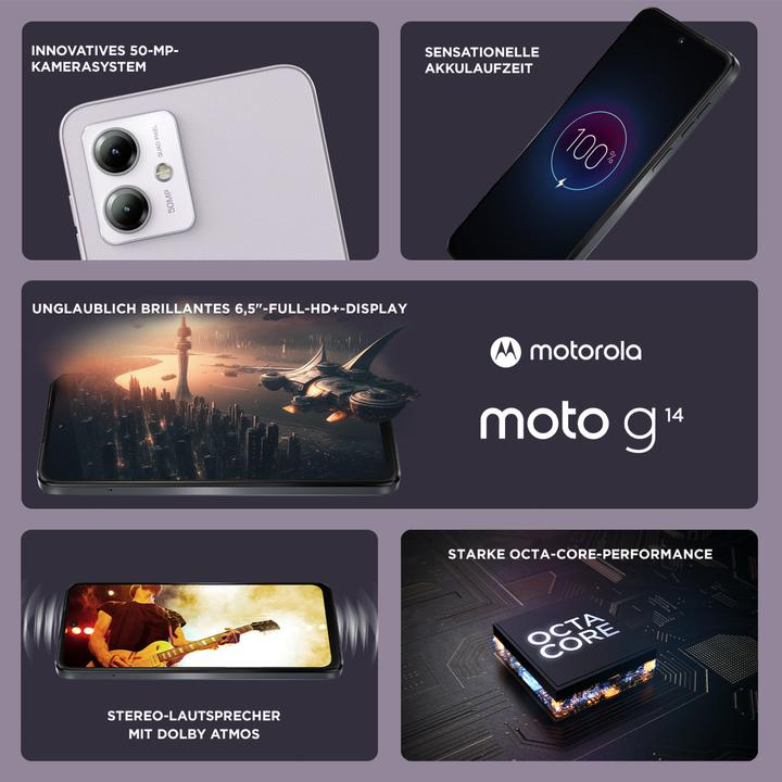 Actual product image Motorola Moto G14 (128 GB, Pale Lilac, 6.50", Dual SIM, 50 Mpx, 4G)