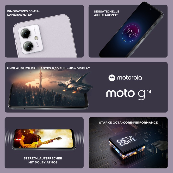 Produktbild Motorola Moto G14 (128 GB, Pale Lilac, 6.50", Dual SIM, 50 Mpx, 4G)