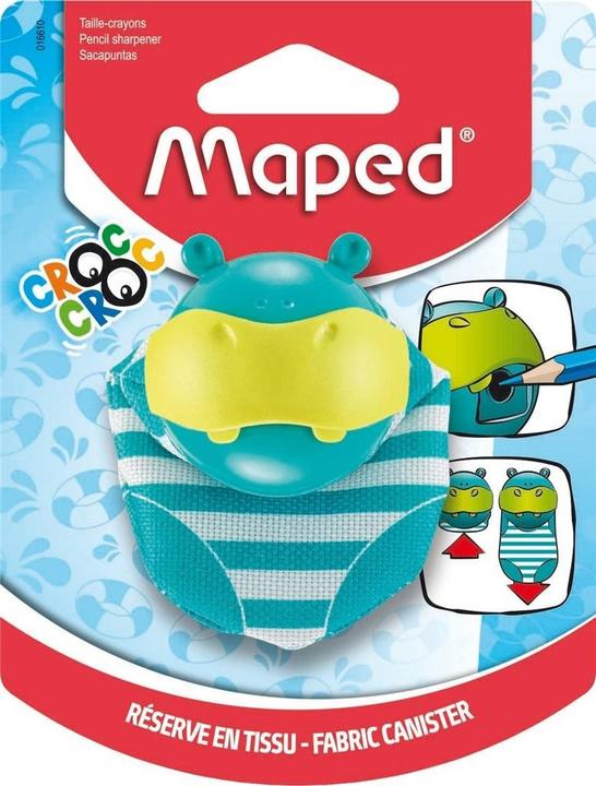 Maped Sharpener CROC CROC HIPPO, turquoise, display of 20 Hippopotamus-shaped sharpeners, collecting tray