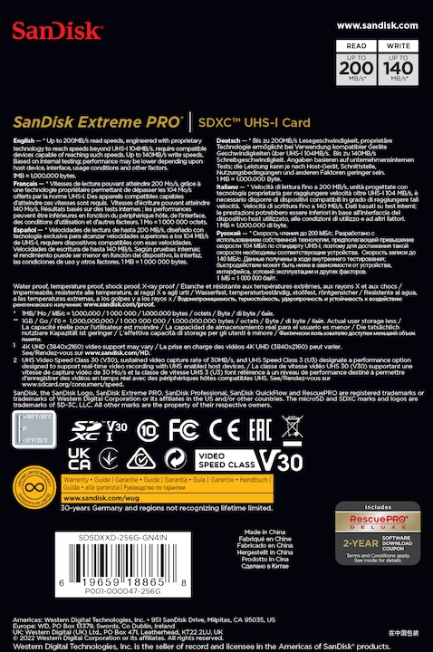 Produktbild SanDisk Extreme PRO UHS-I V30 (256 GB, SDXC, U3, UHS-I)