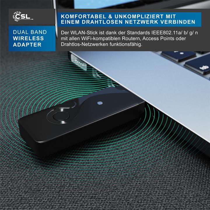 Produktbild CSL WLAN USB Adapter 600 MBit/s Dual Band Stick WiFi Adapter 300 Mbps 2,4GHz 300 Mbps 5GHz Windows 11 (USB 2.0)