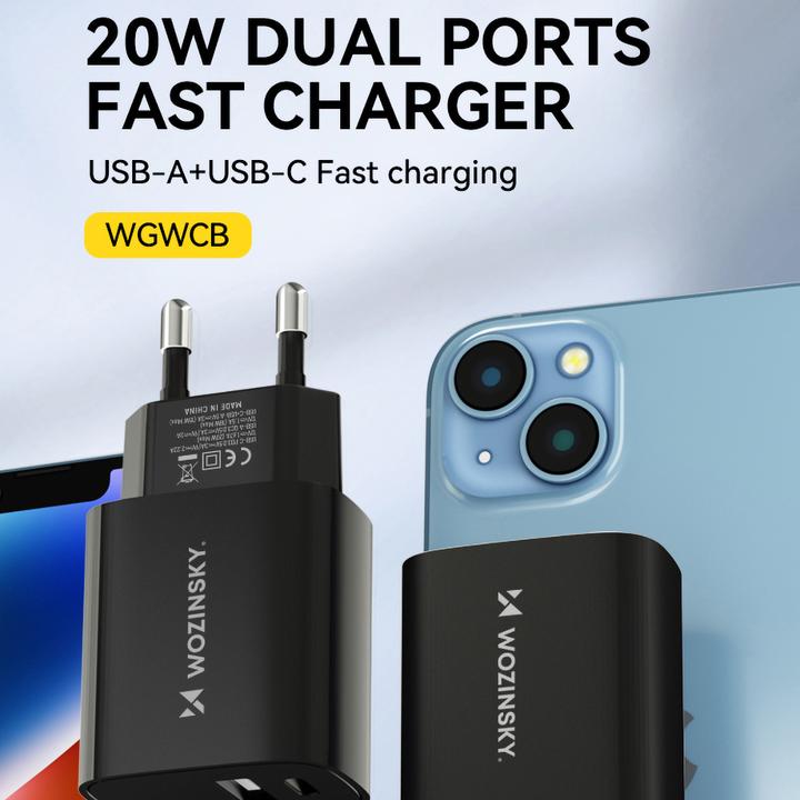 Actual product image Wozinsky WGWCB USB-A USB-C 20W wall charger - black (20 W)