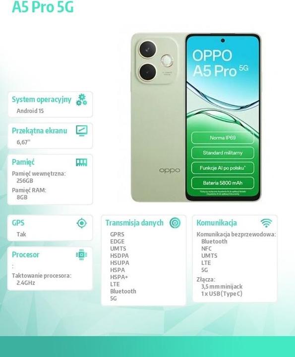Image du produit OPPO A5 Pro 5G (256 Go, Green, Olive, 6.67", Double SIM, 5G)