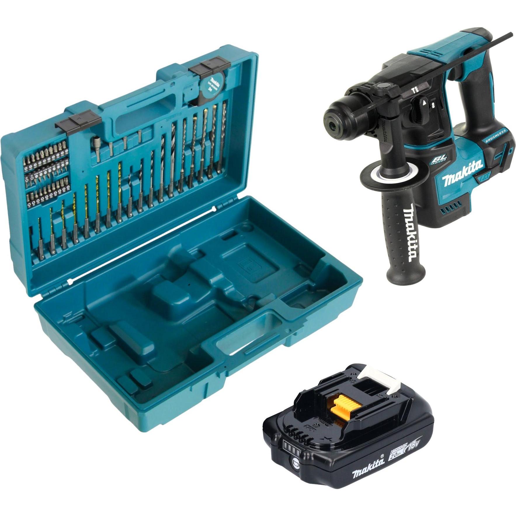Makita, Bohrmaschine + Akkuschrauber, DHR 171 A1X3 Akku Bohrhammer 18 V 1,2 J SDS-Plus Brushless + 1x Akku 2,0 Ah + 65 t...