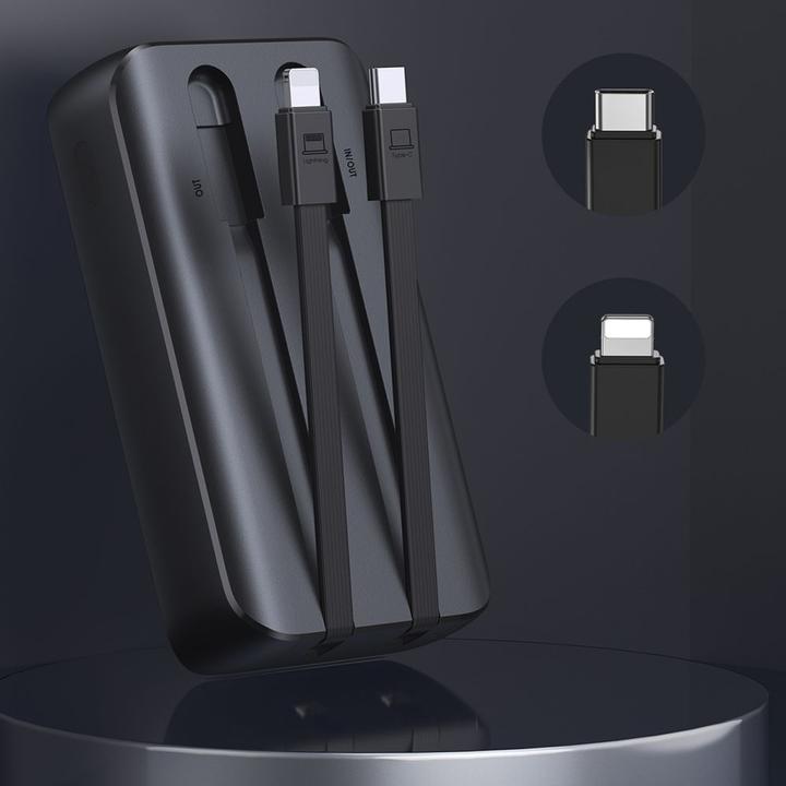 Actual product image Joyroom 30W 20000mAh mini Power Bank with built-in Cables, USB-A & USB-C - Black (10000 mAh, 30 W, 37 Wh)