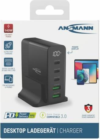 Actual product image Ansmann Desktop USB Charger 5 Ports Qc Type C Pd 140w (140 W, 5 ports)