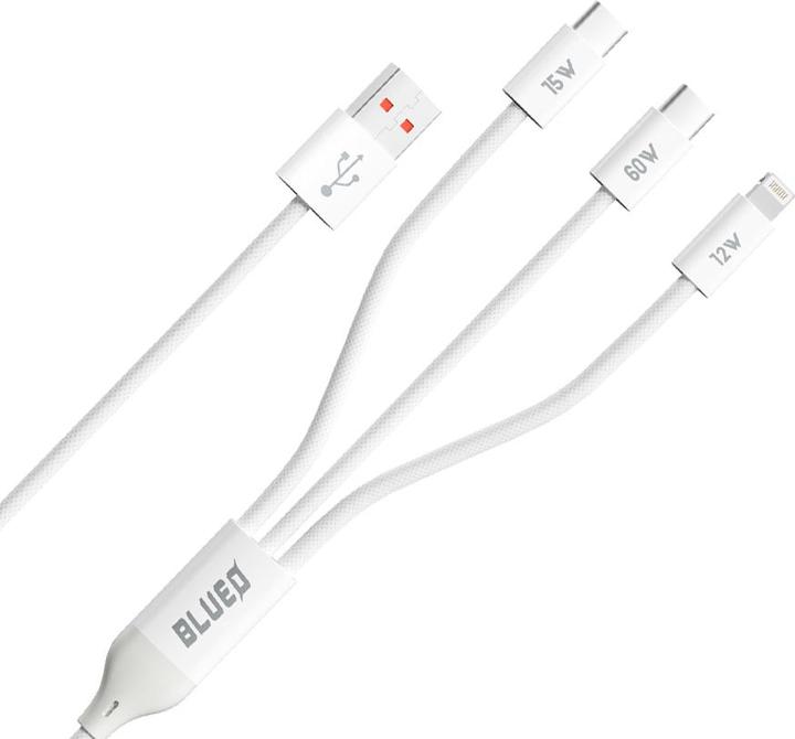 BlueO - 3in1 Data Cable - USB-A to 2x Type-C, Lightning, Fast Charging, Braided - White