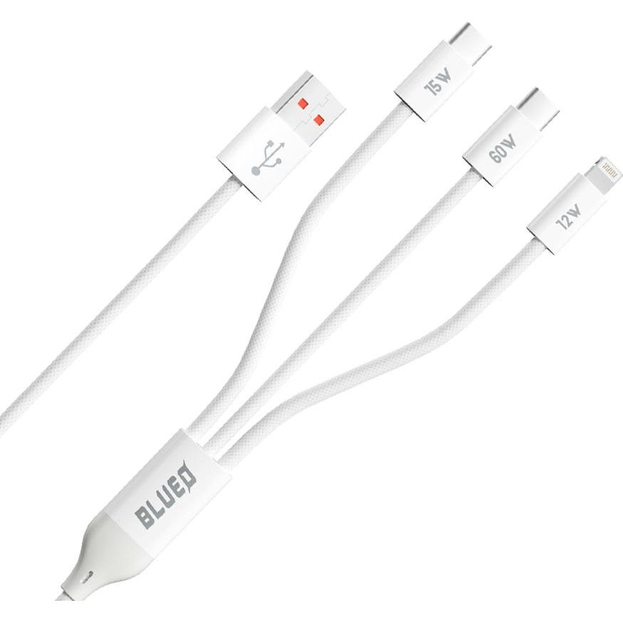Blueo - 3in1 Data Cable - USB-A to 2x Type-C, Lightning, Fast Charging, Braided - White, Cavo USB