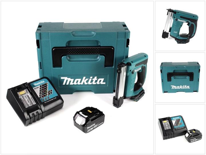 5.0 Ah 18 V Li-Ion battery, 1x Makita Makpac 2 transport case, 1x Makita DC 18 RC quick charger, dimpled foam inlay, Makita DST 221 18V Li-Ion battery pin tacker solo, 1x Makita BL 1850 B 5000 mAh