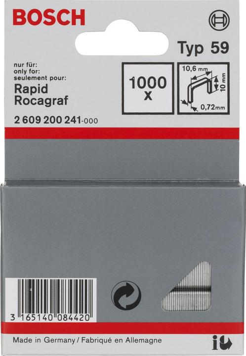 Produktbild Bosch Professional Zubehör Feindrahtklammer Typ 59, 10,6 x 0,72 x 10 mm, 1000er-Pack