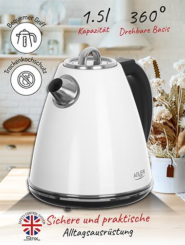 Image du produit Adler AD 1343 Electric, 2200 W, 1.5 L, Stainless steel, 360 ° rotational base, White (1.50 l)