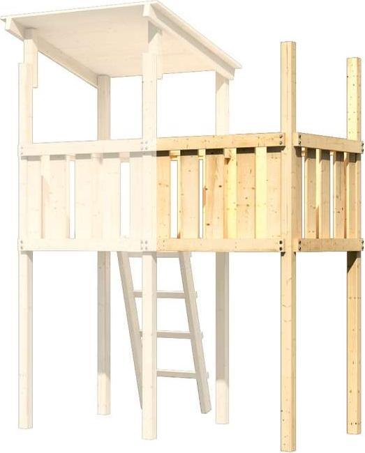 Actual product image Akubi Karibu stilt house "Benjamin" SET made of Nordic spruce, terra grey with purple slide, sandpit